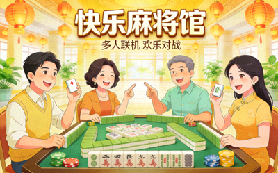 快乐麻将馆多人联机麻将游戏封面图片，明亮大厅欢乐场景插画